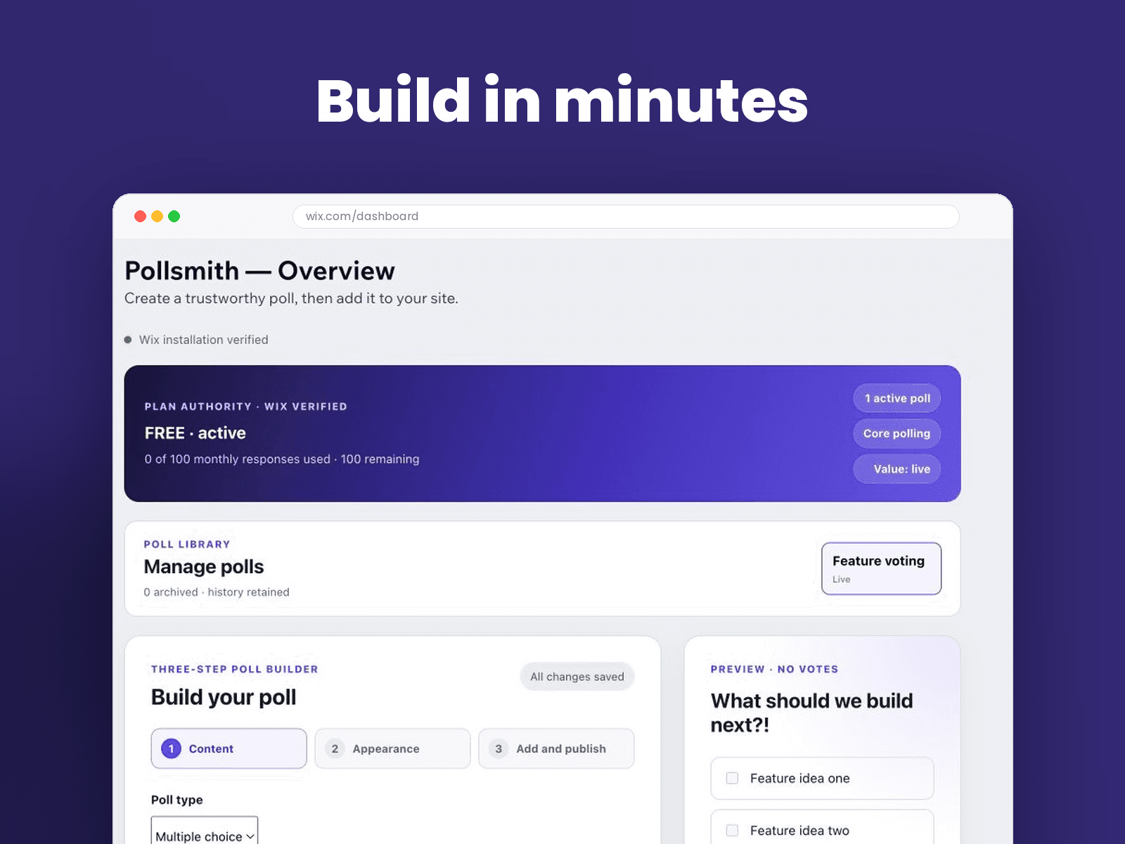 Pollsmith three-step poll builder in a Wix dashboard