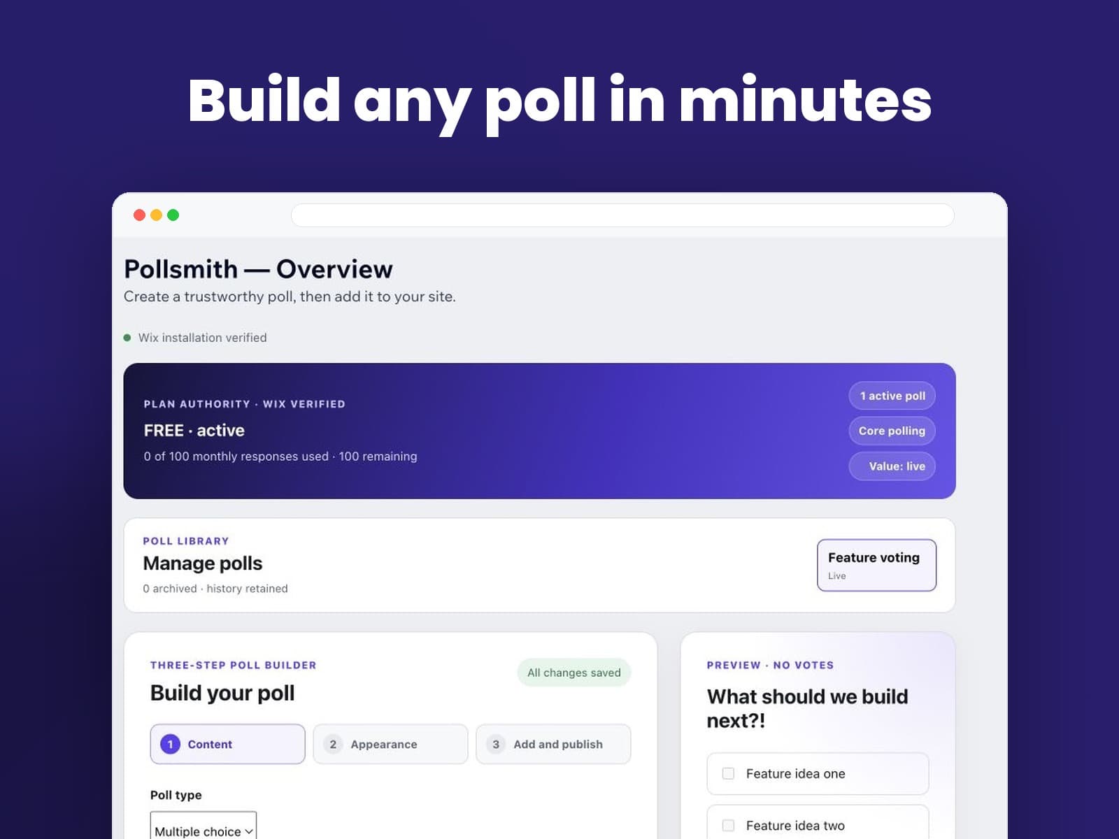 Pollsmith three-step poll builder in a Wix dashboard