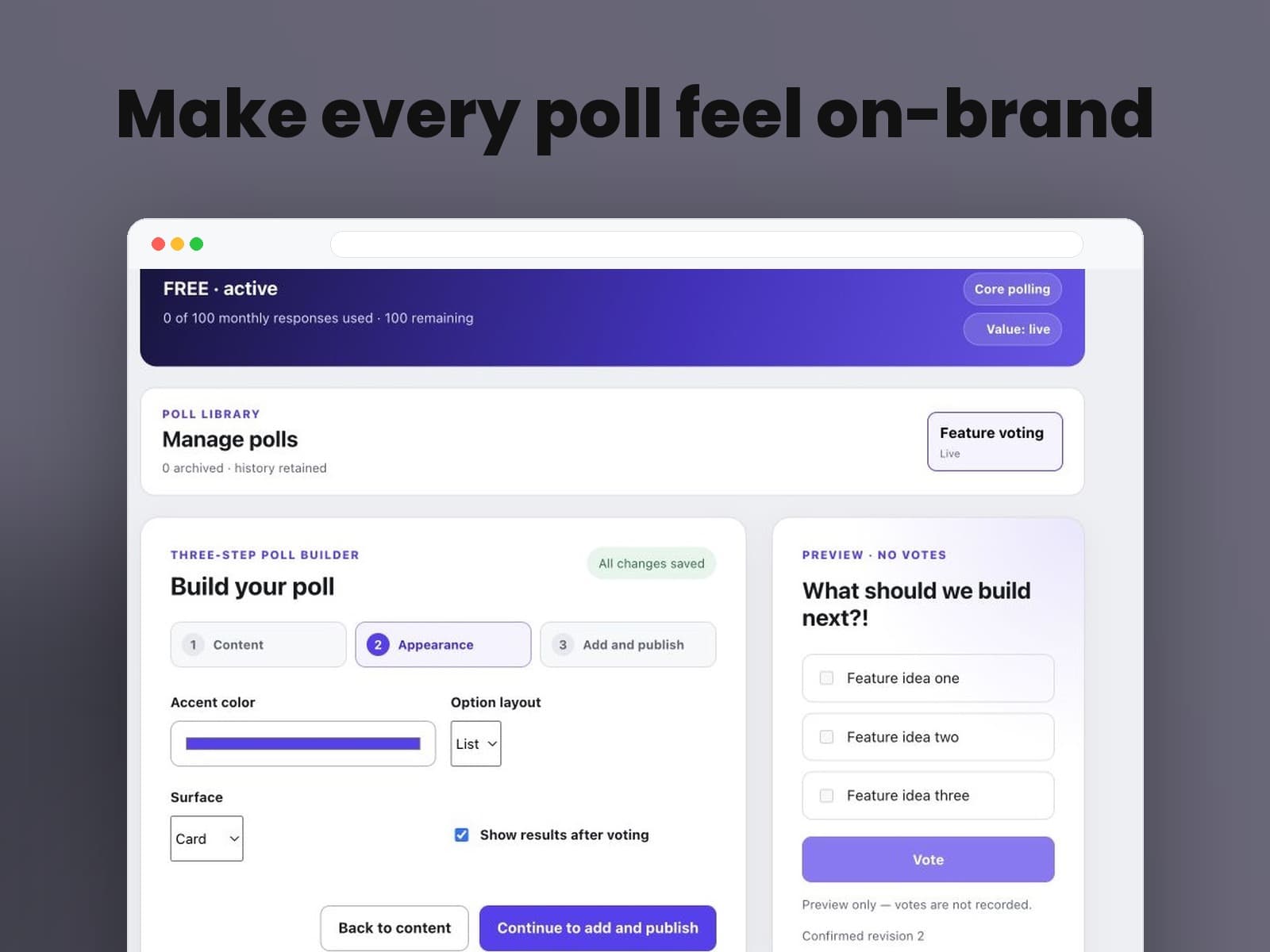 Pollsmith appearance controls with a live poll preview