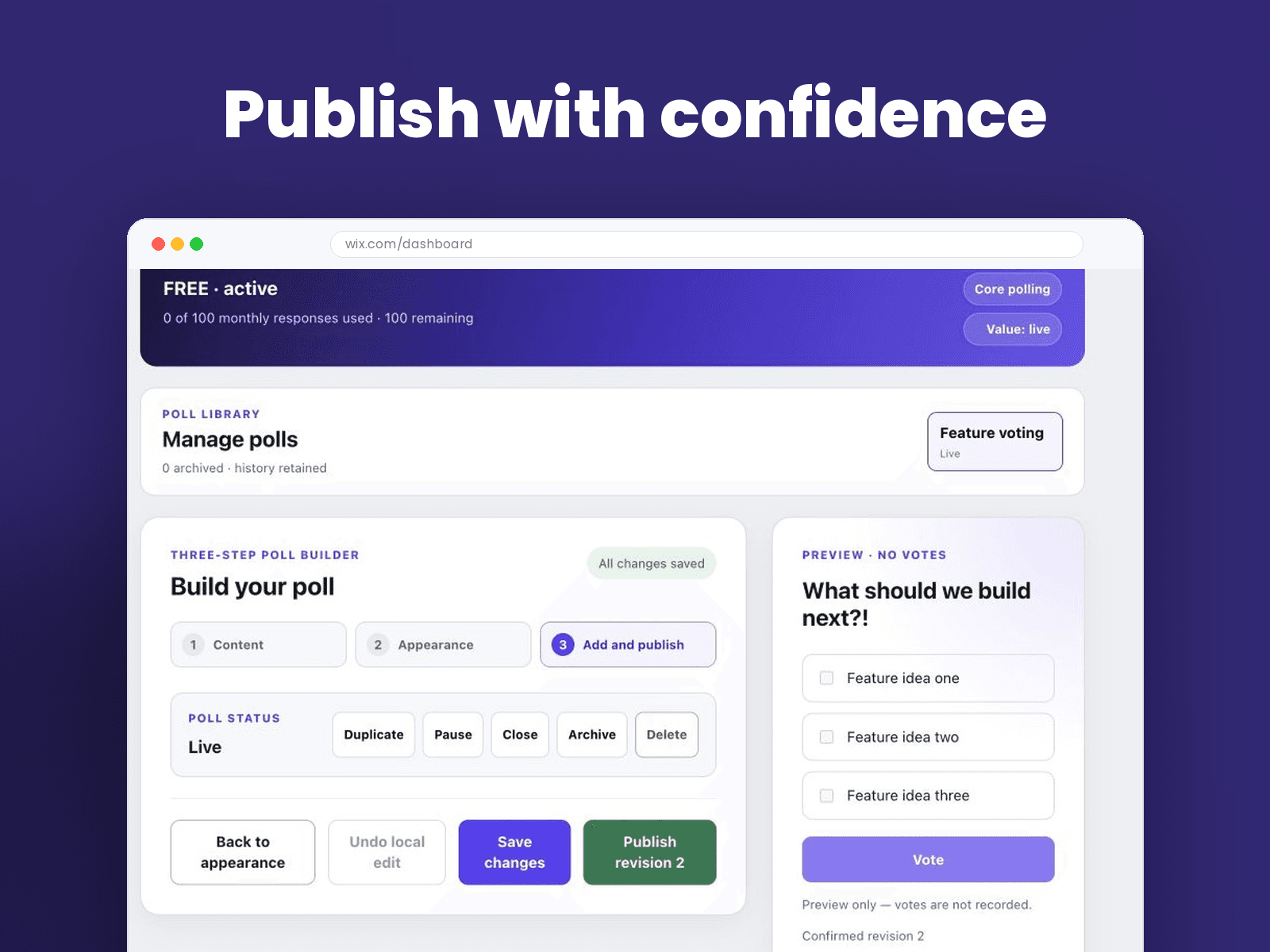 Pollsmith safe publishing controls and live poll preview