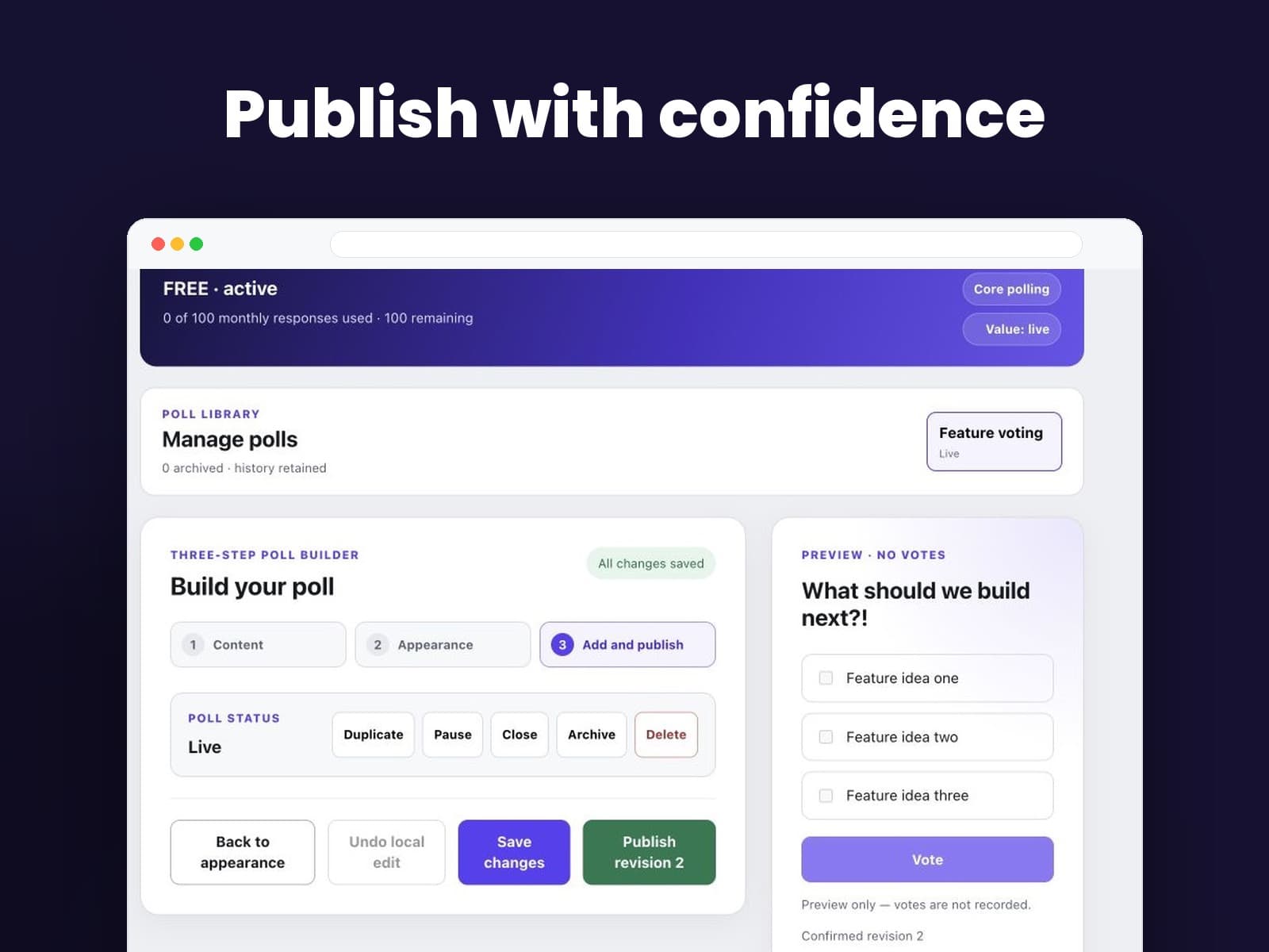 Pollsmith safe publishing controls and live poll preview