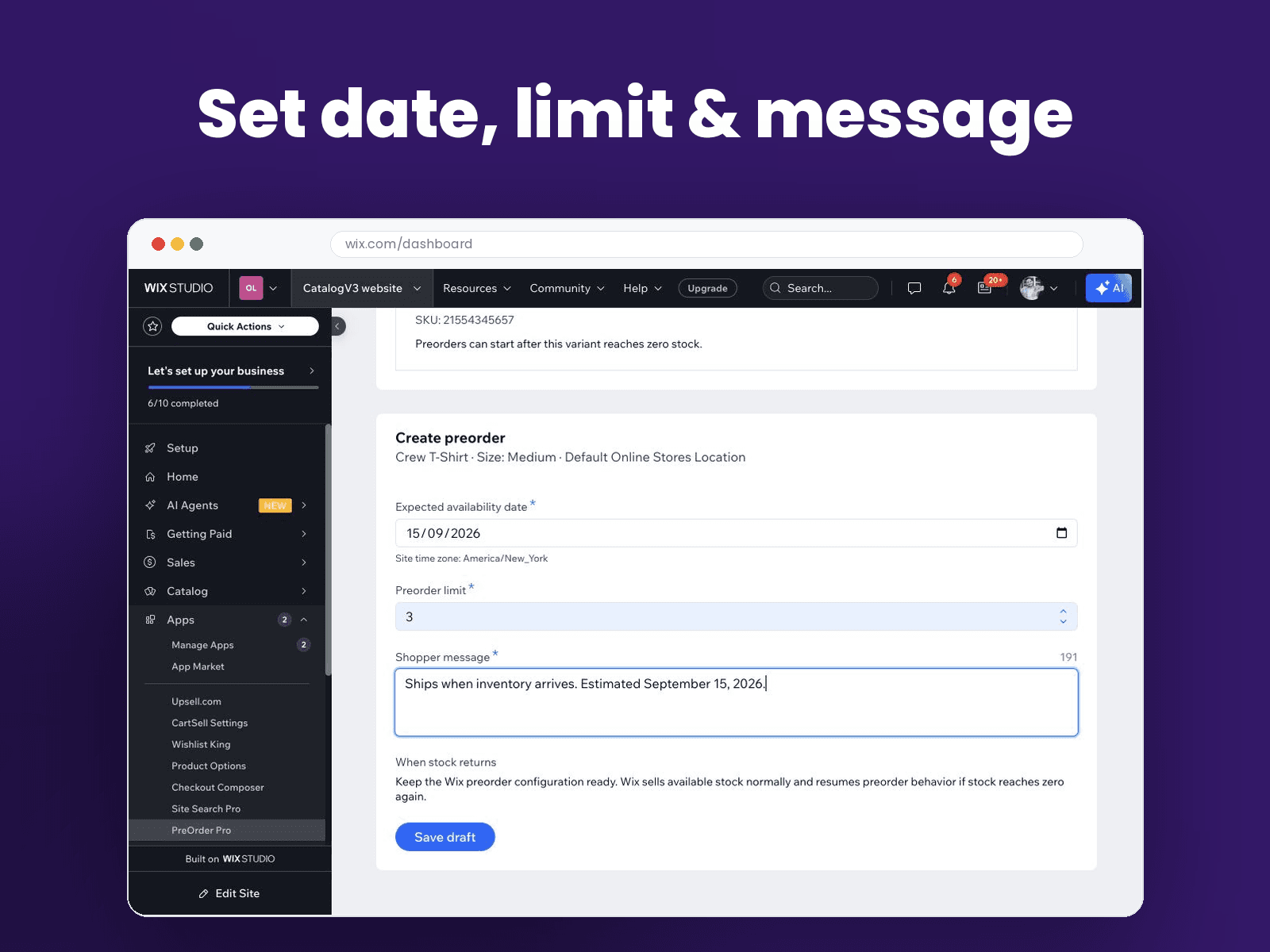 PreOrder Pro expected date, limit, and shopper message form