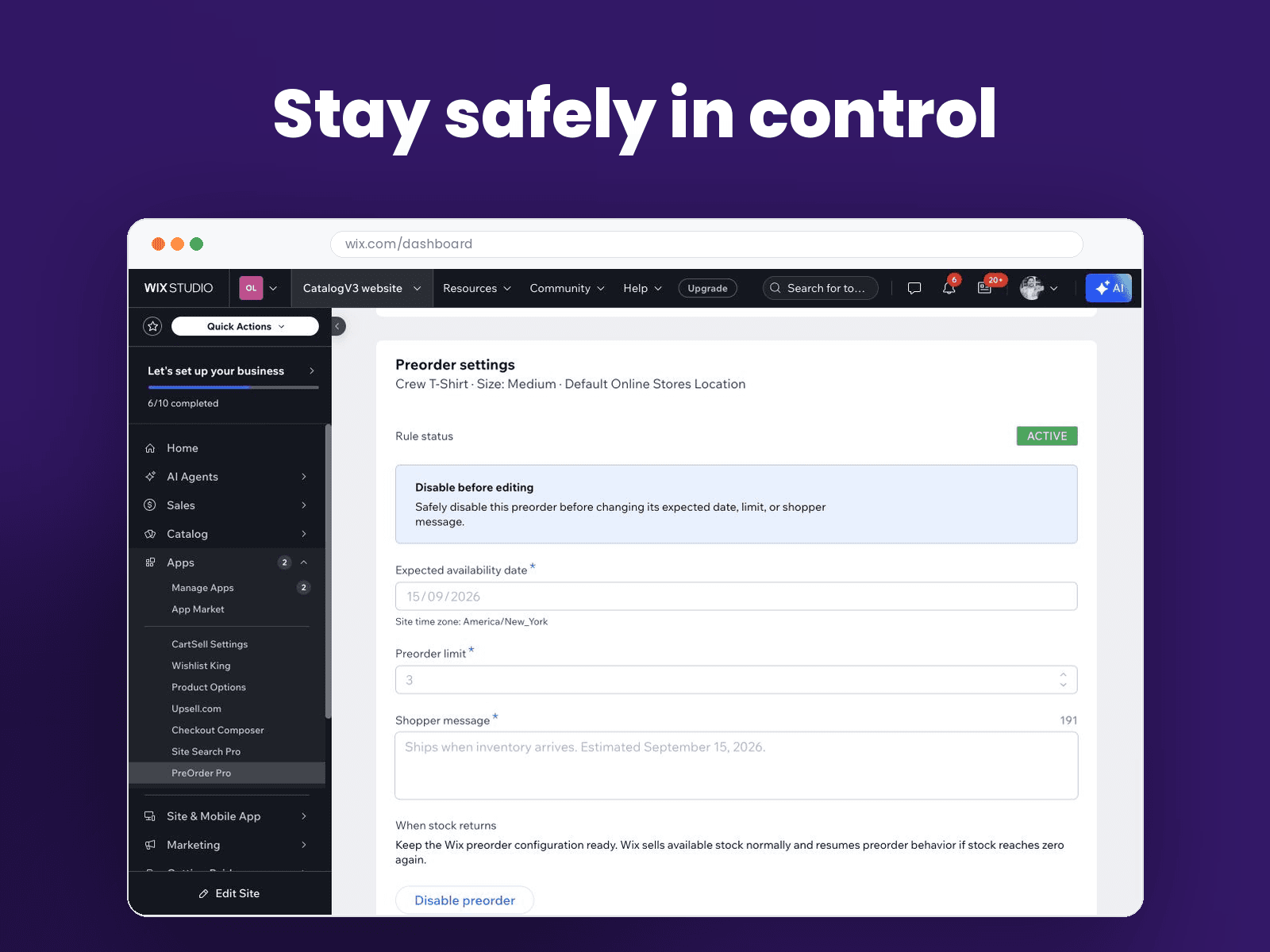 PreOrder Pro active rule and safe disable controls