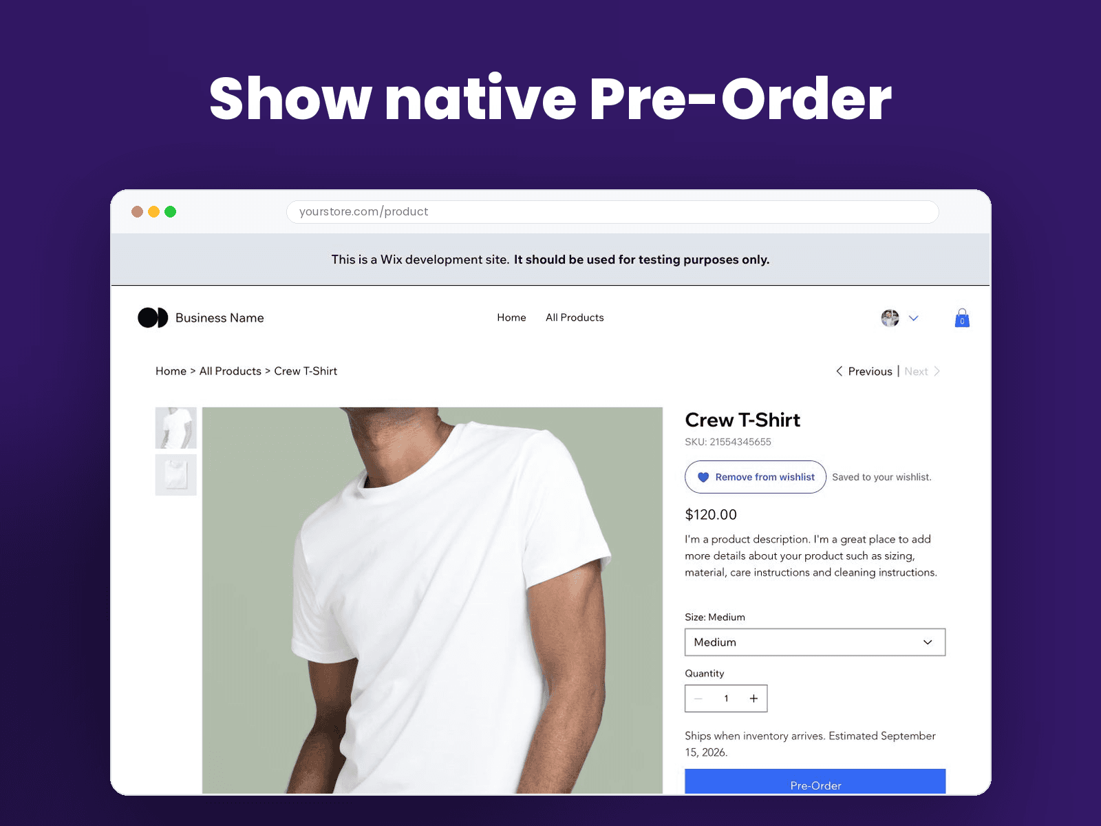Wix product page showing the verified native Pre-Order state