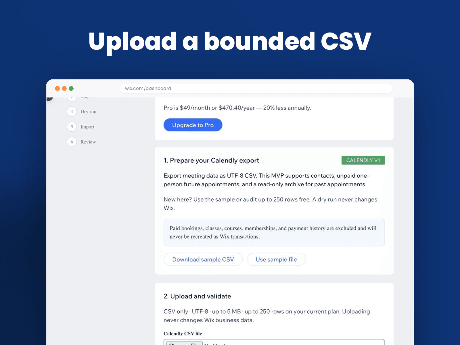 Bookings Importer bounded CSV upload requirements and sample file.