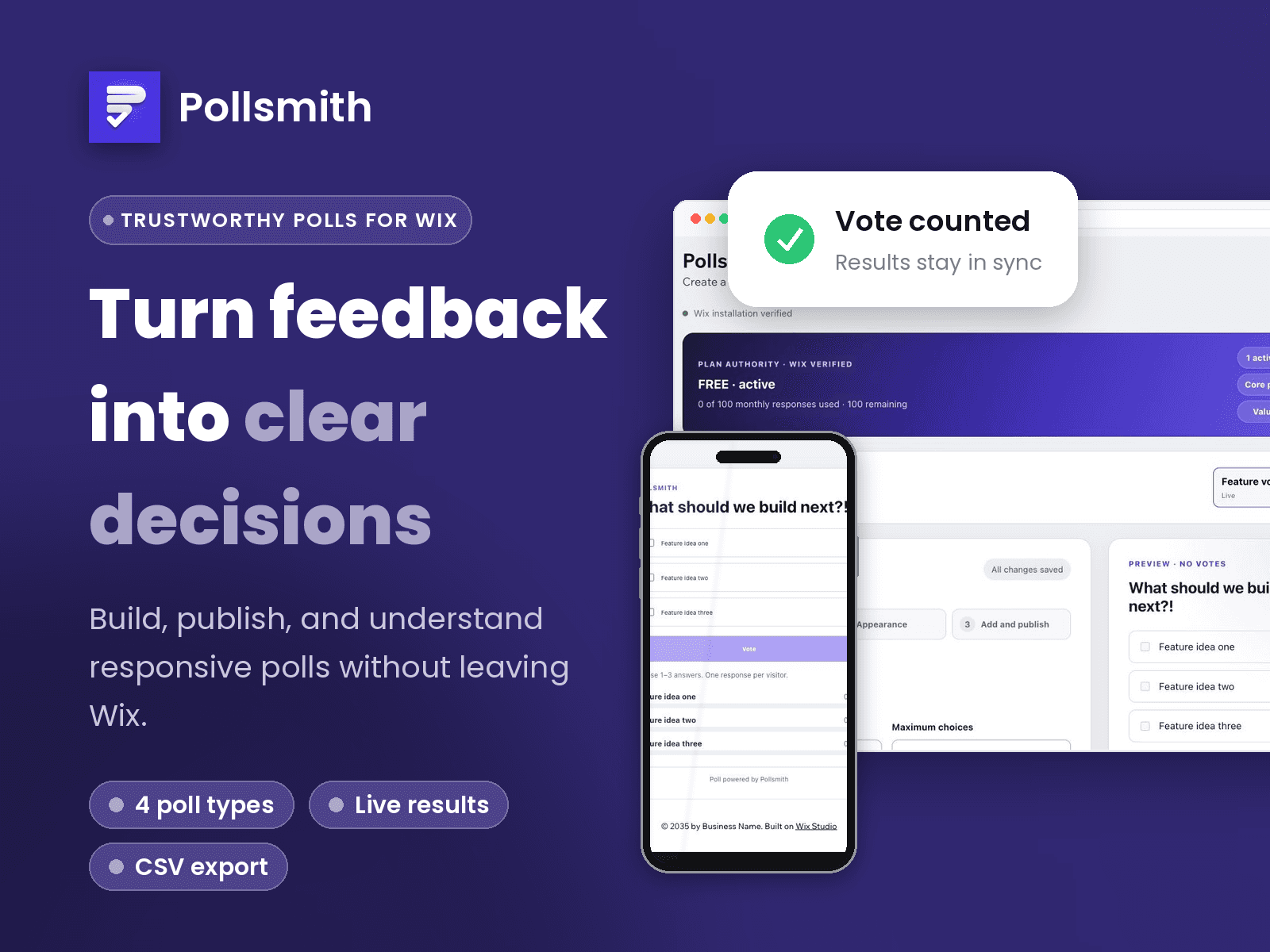 Pollsmith dashboard and responsive live poll shown together