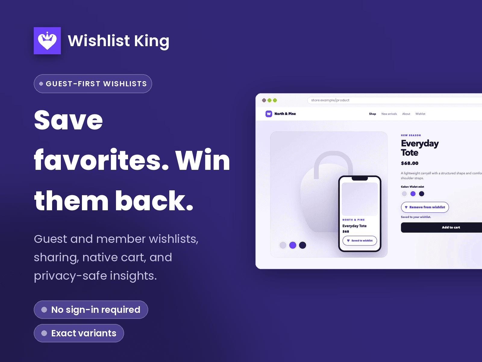Wishlist King saved product heart shown on desktop and mobile product pages.