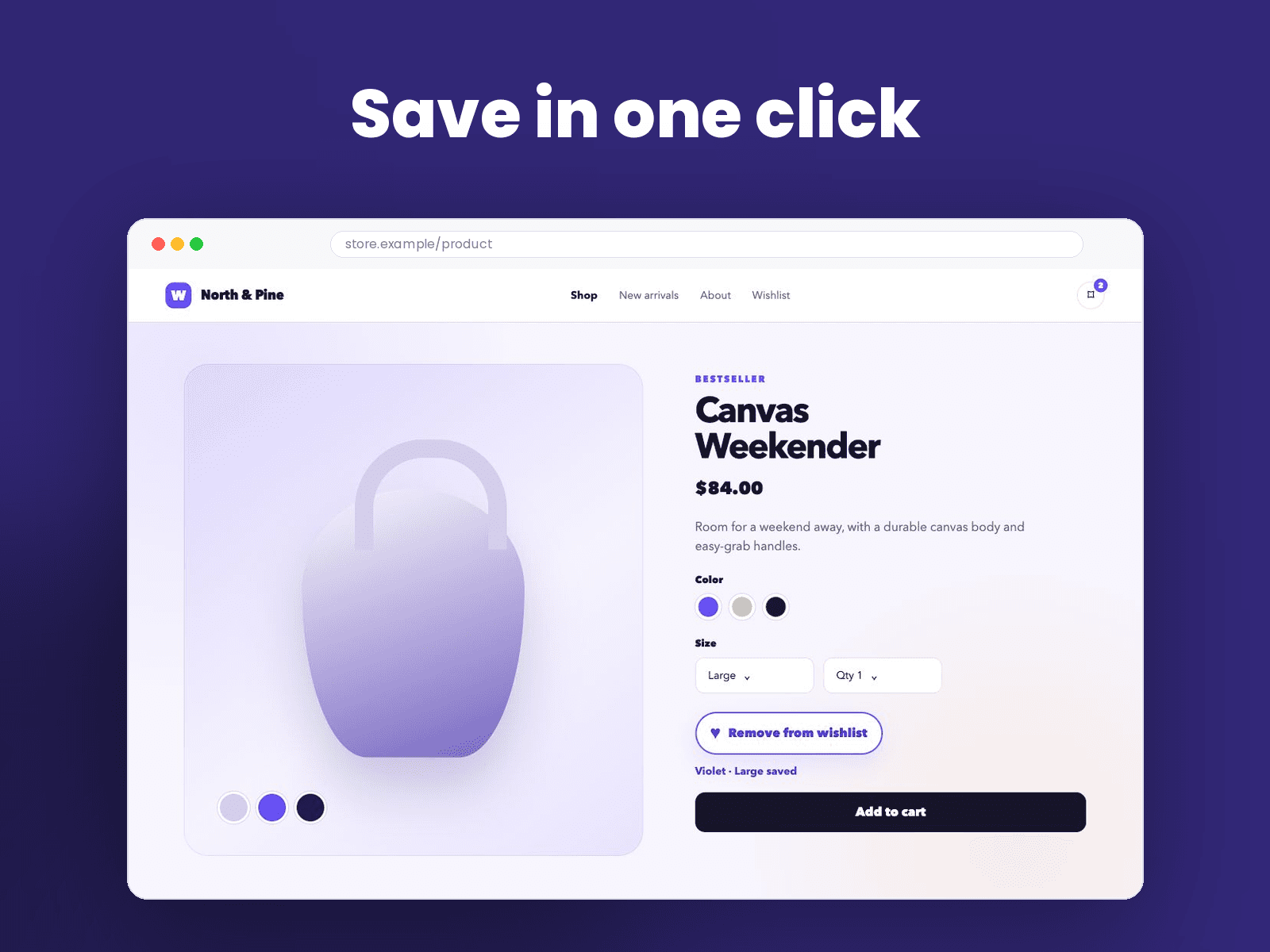 A selected product variant saved to Wishlist King beside the native cart control.